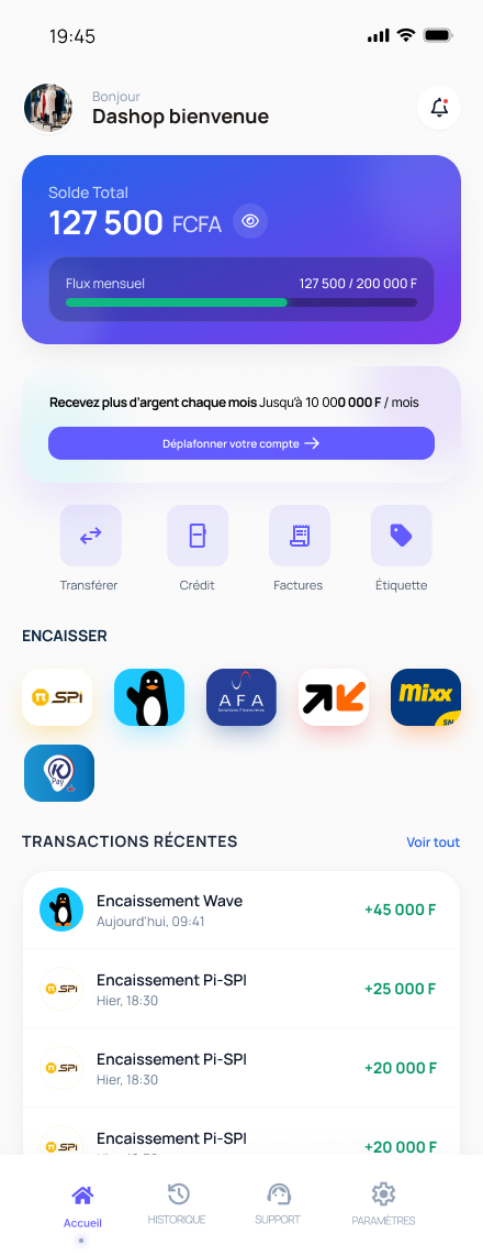 L'application Kaay Fay : accueil marchand avec solde total, encaissement PI-SPI, Wave, Orange Money, Mixx by Yas et transactions récentes