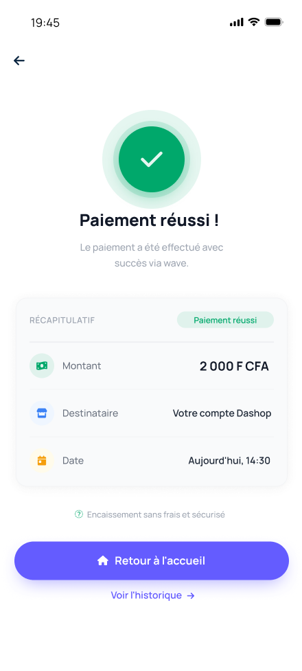 Confirmation Kaay Fay : paiement réussi, 2 000 FCFA encaissés