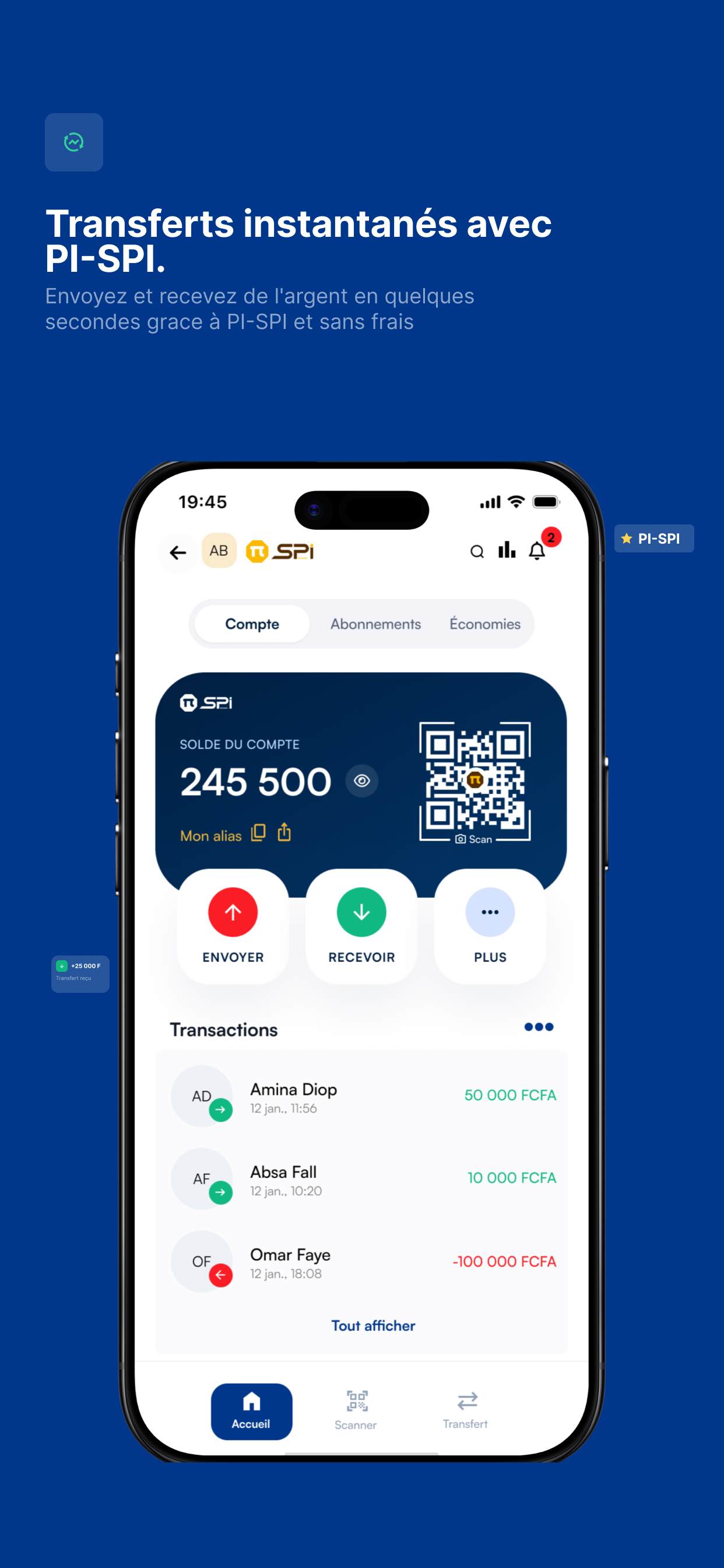 Écran des transferts instantanés PI-SPI dans MY AFA : solde du compte et QR code